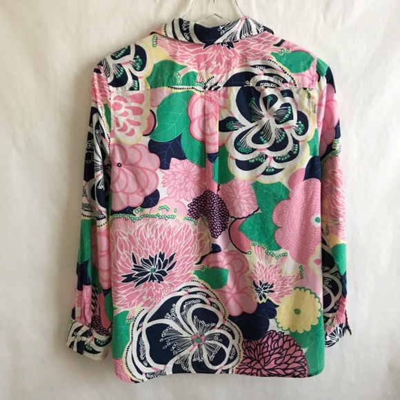 Talbots Vibrant Floral Anchor Buttons Cotton Popover Tunic Blouse MP Pink Navy - Picture 2 of 8
